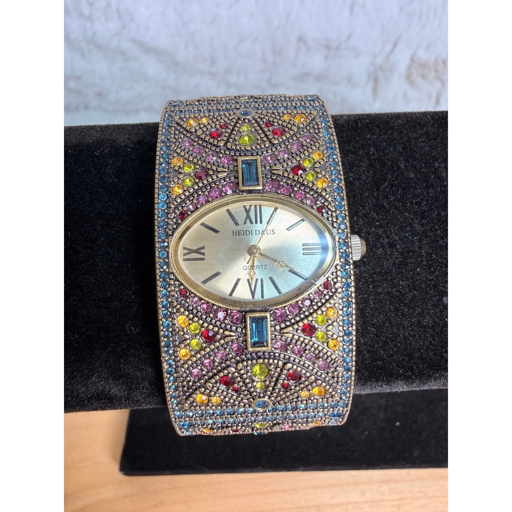 Heidi Daus MultiColor Crystal Art Deco Cuff Watch Bronze Tone B7093 Japanese